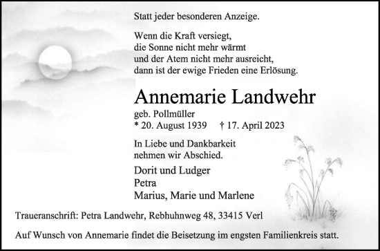 Traueranzeige von Annemarie Landwehr von Die Glocke