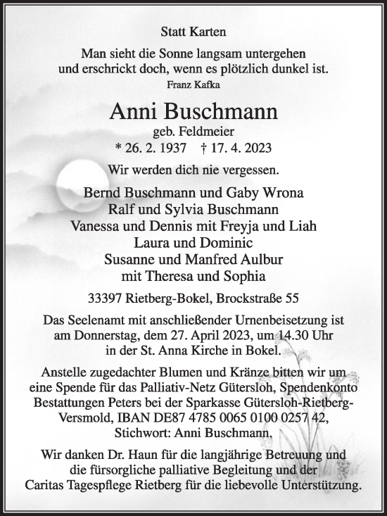 Traueranzeige von Anni Buschmann von Die Glocke