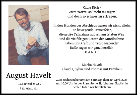 Traueranzeige von August Havelt von Die Glocke