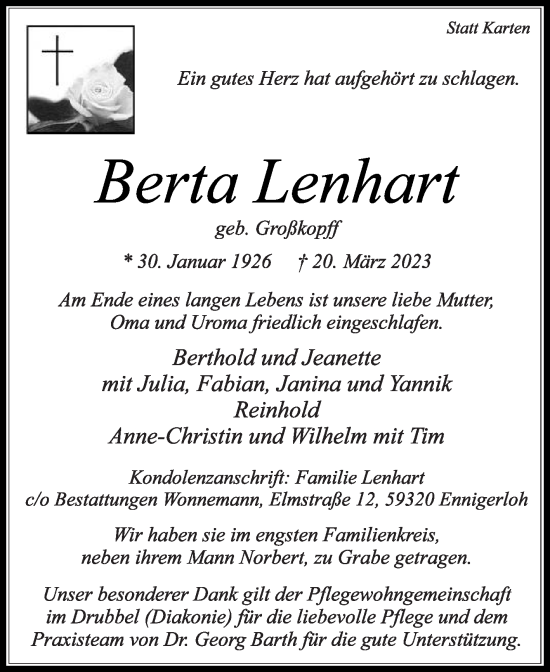 Traueranzeige von Berta Lenhart von Die Glocke