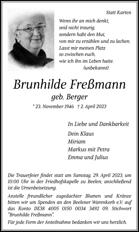 Traueranzeige von Brunhilde Freßmann von Die Glocke
