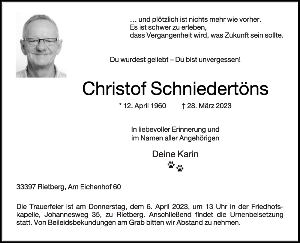  Traueranzeige für Christoph Schniedertöns vom 01.04.2023 aus Die Glocke