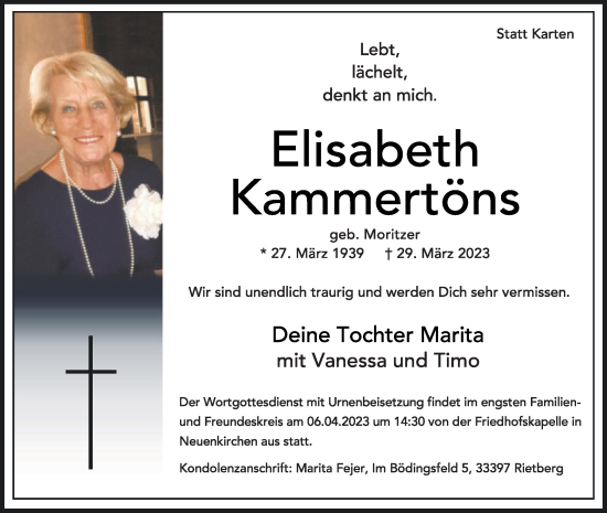 Traueranzeige von Elisabeth Kammertöns von Die Glocke