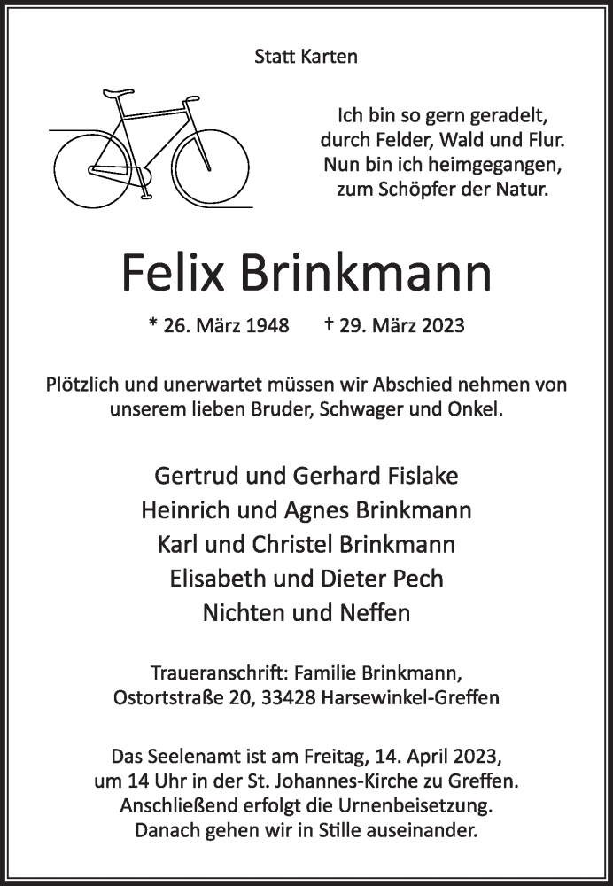  Traueranzeige für Felix Brinkmann vom 07.04.2023 aus Die Glocke