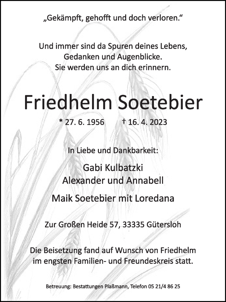  Traueranzeige für Friedhelm Soetebier vom 29.04.2023 aus Die Glocke