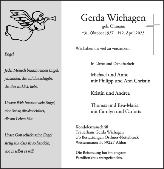 Traueranzeige von Gerda Wiehagen von Die Glocke