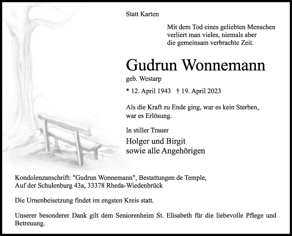  Traueranzeige für Gudrun Wonnemann vom 22.04.2023 aus Die Glocke