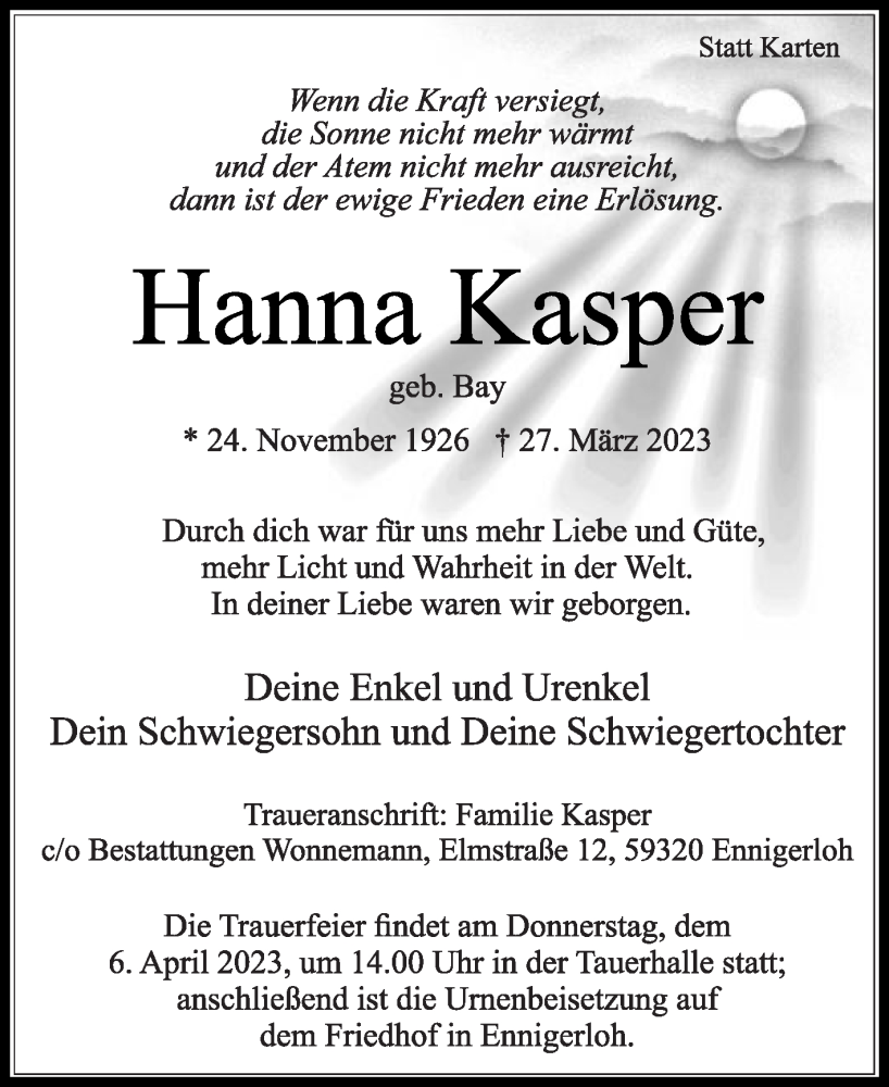  Traueranzeige für Hanna Kasper vom 01.04.2023 aus Die Glocke