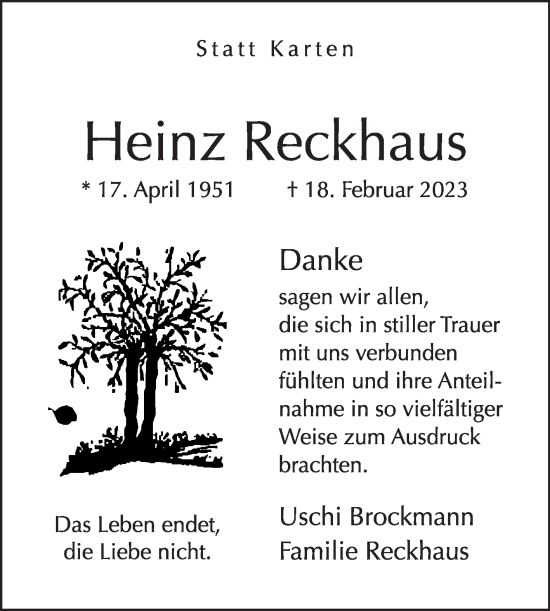 Traueranzeige von Heinz Reckhaus von Die Glocke
