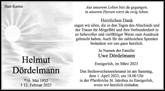 Traueranzeige von Helmut Dördelmann von Die Glocke