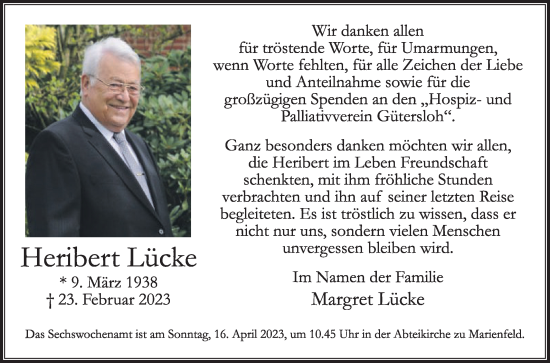 Traueranzeige von Heribert Lücke von Die Glocke