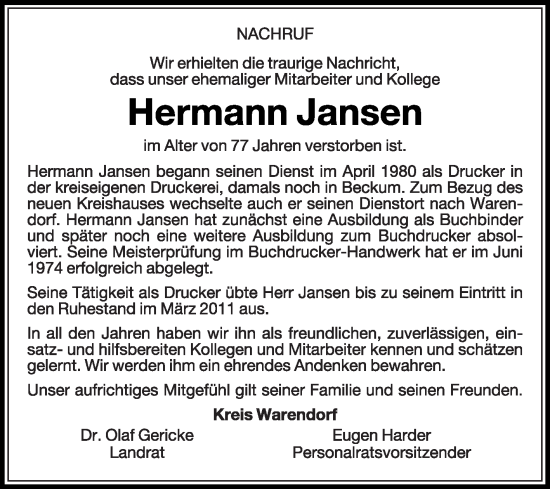 Traueranzeige von Hermann Jansen von Die Glocke