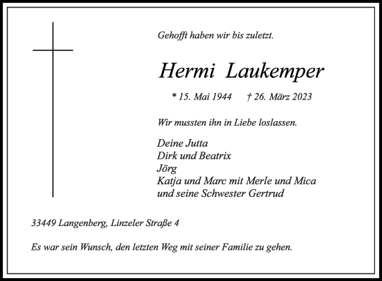 Traueranzeige von Hermi Laukemper von Die Glocke