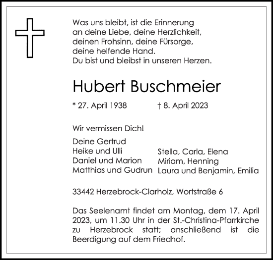 Traueranzeige von Hubert Buschmeier von Die Glocke