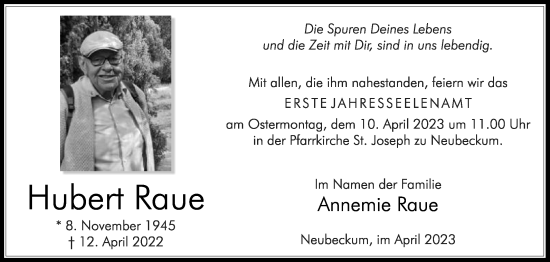 Traueranzeige von Hubert Raue von Die Glocke