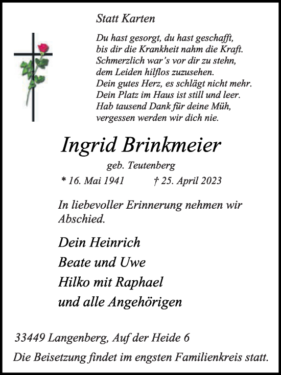 Traueranzeige von Ingrid Brinkmeier von Die Glocke