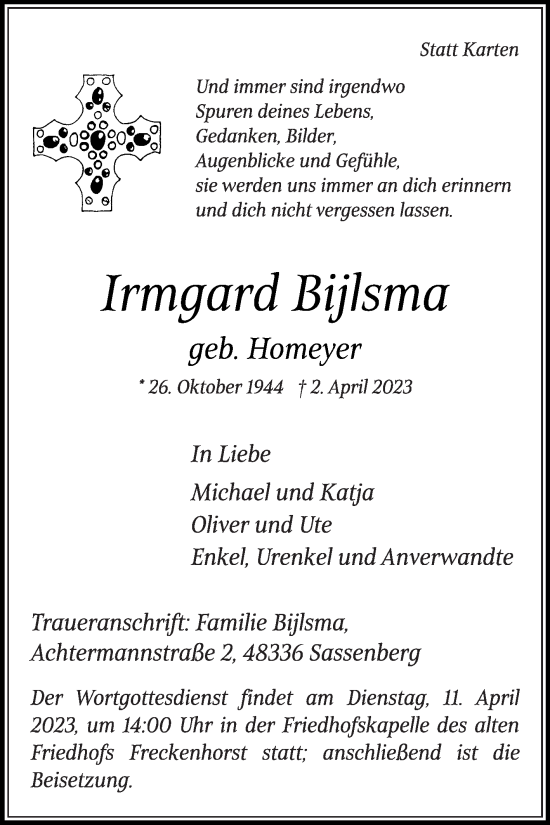 Traueranzeige von Irmgard Bijlsma von Die Glocke