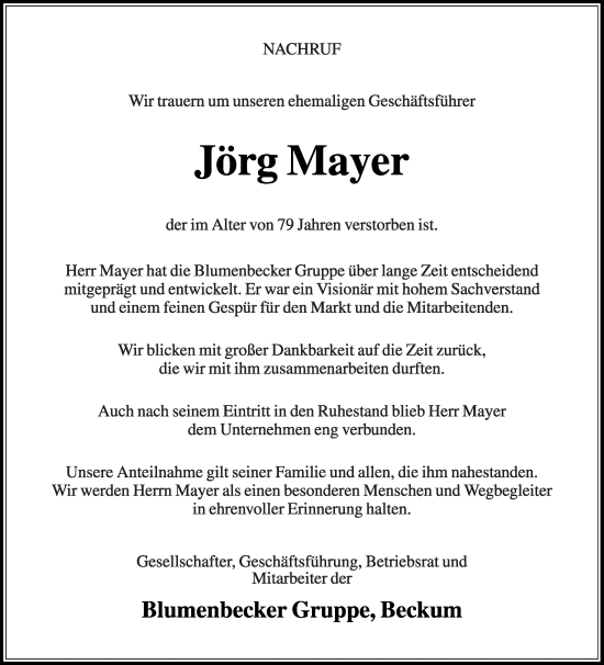 Traueranzeige von Jörg Mayer von Die Glocke