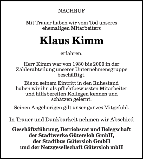Traueranzeige von Klaus Kimm von Die Glocke