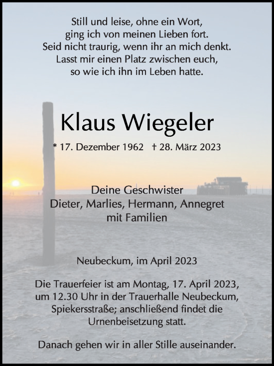 Traueranzeige von Klaus Wiegeler von Die Glocke