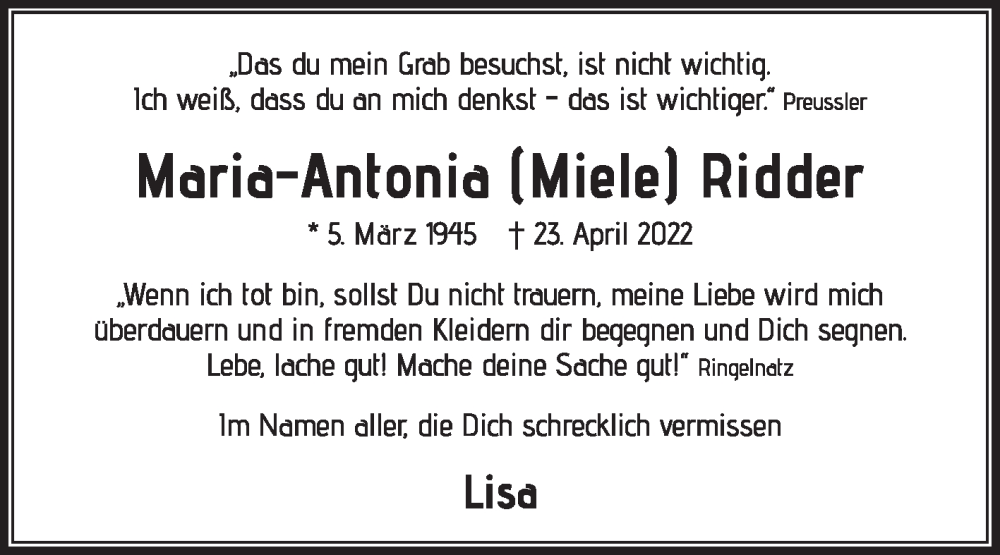  Traueranzeige für Maria-Antonia Ridder vom 22.04.2023 aus Die Glocke