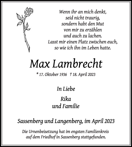 Traueranzeige von Max Lambrecht von Die Glocke