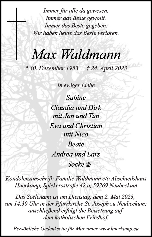  Traueranzeige für Max Waldmann vom 27.04.2023 aus Die Glocke