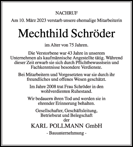 Traueranzeige von Mechthild Schröder von Die Glocke