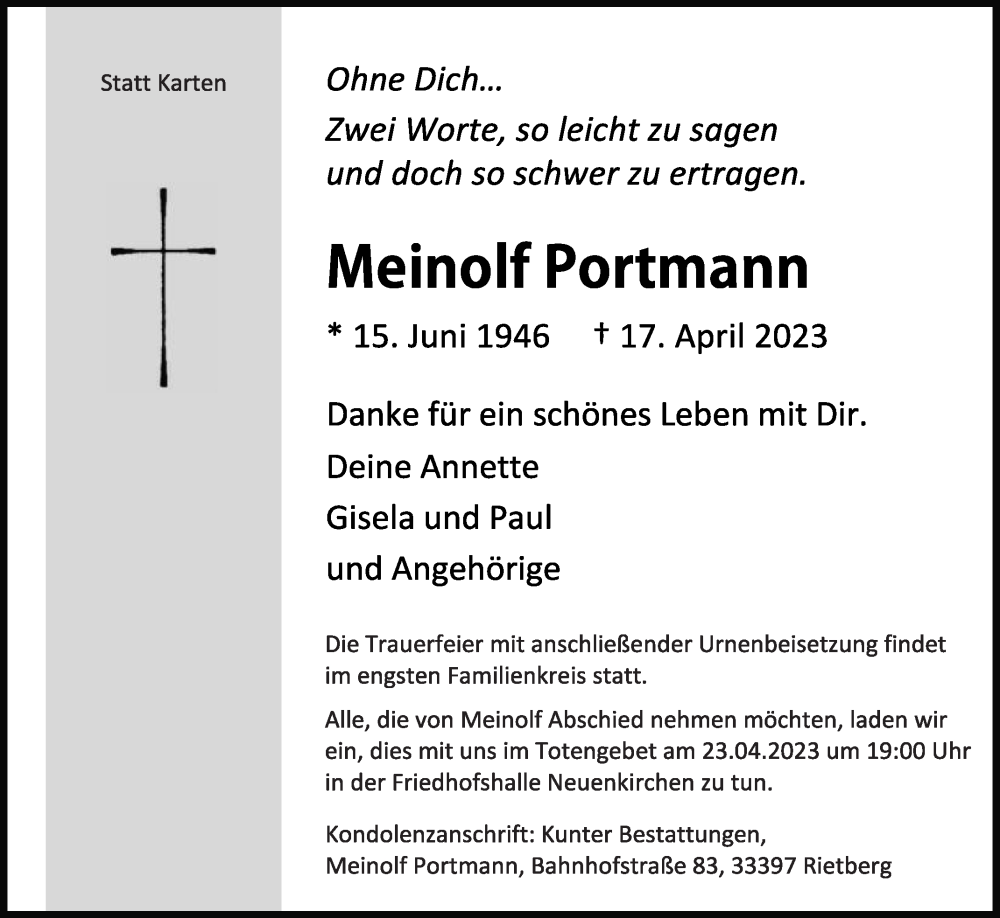  Traueranzeige für Meinolf Portmann vom 20.04.2023 aus Die Glocke