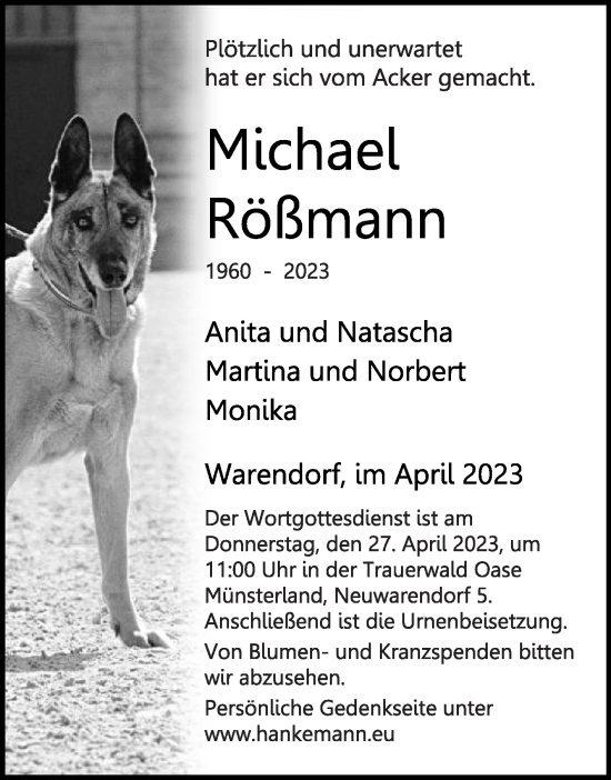 Traueranzeige von Michel Rößmann von Die Glocke