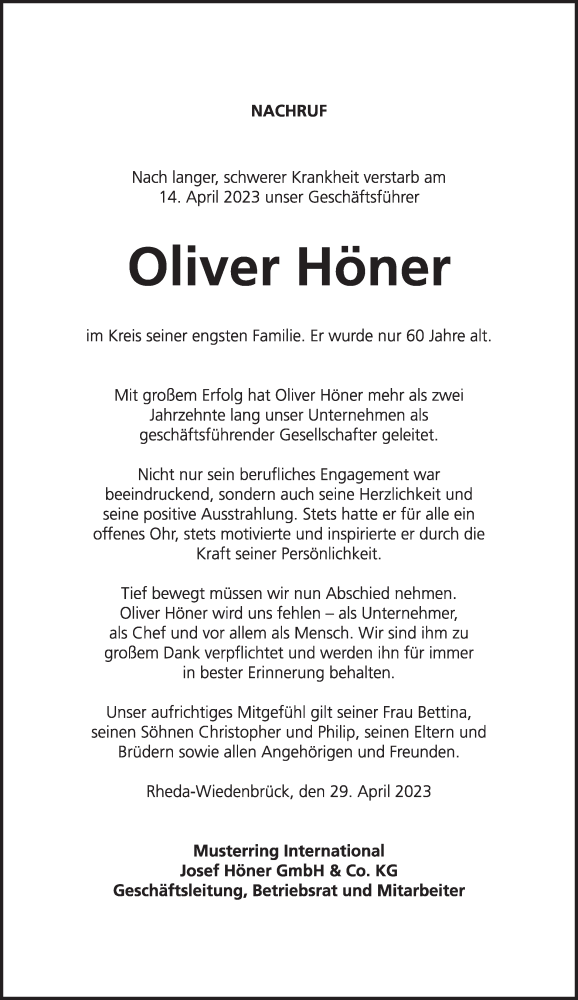  Traueranzeige für Oliver Höner vom 29.04.2023 aus Die Glocke