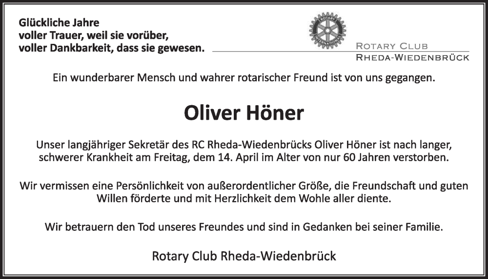  Traueranzeige für Oliver Höner vom 29.04.2023 aus Die Glocke