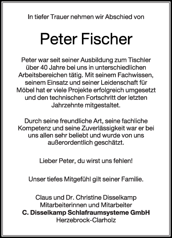 Traueranzeige von Peter Fischer von Die Glocke