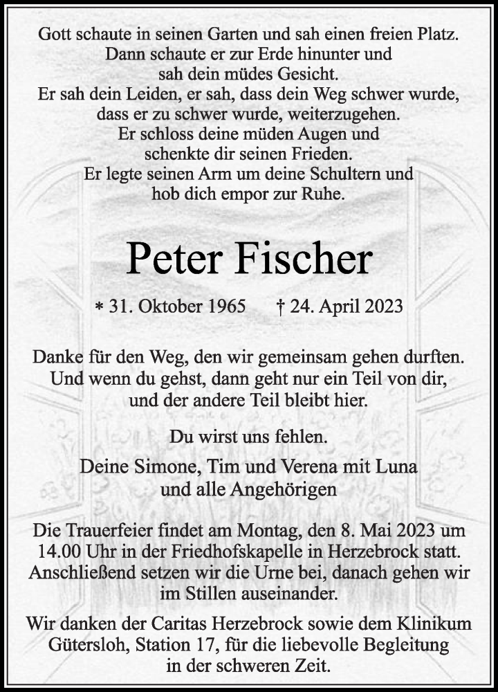  Traueranzeige für Peter Fischer vom 29.04.2023 aus Die Glocke