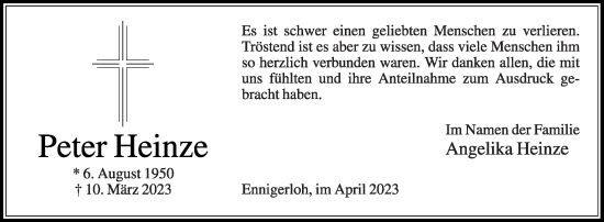 Traueranzeige von Peter Heinze von Die Glocke