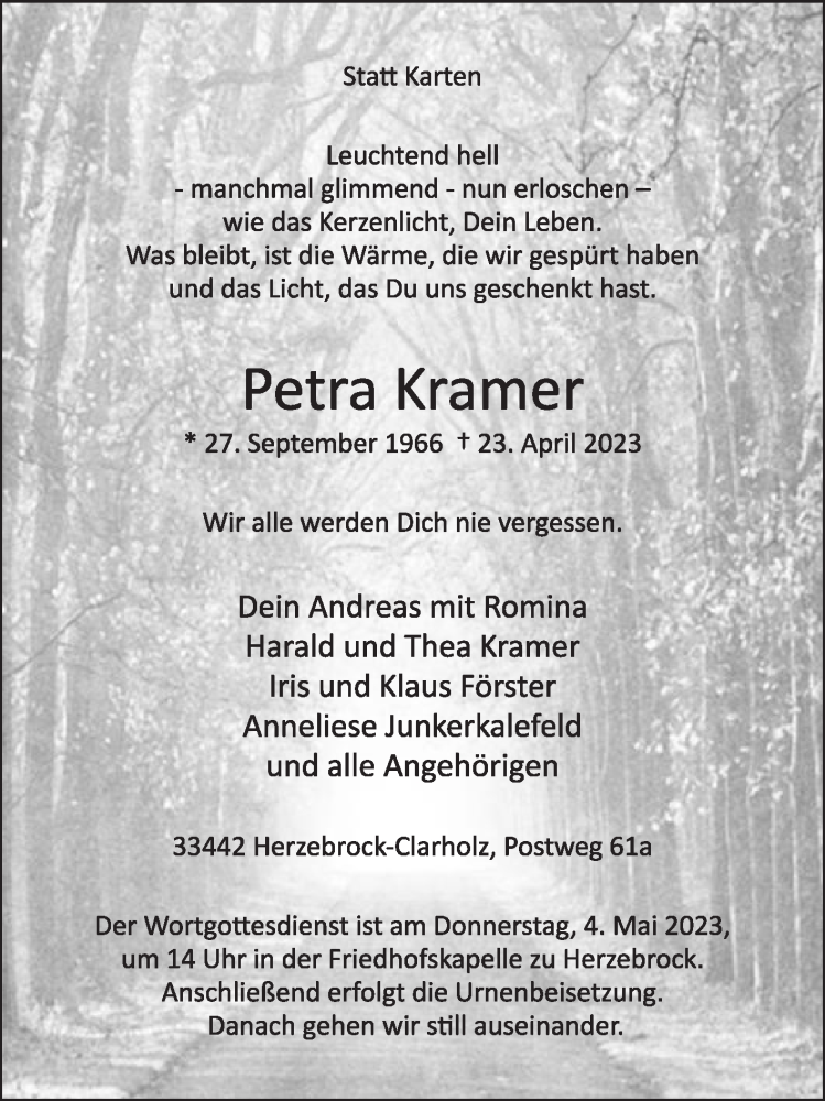  Traueranzeige für Petra Kramer vom 29.04.2023 aus Die Glocke