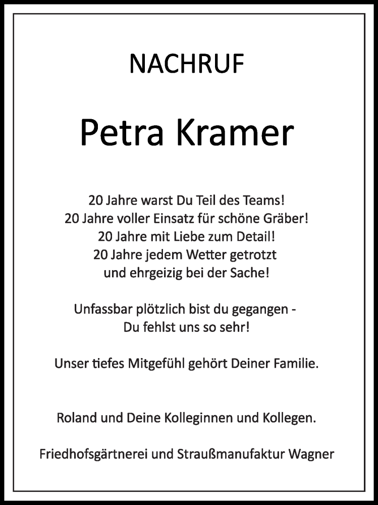  Traueranzeige für Petra Kramer vom 29.04.2023 aus Die Glocke