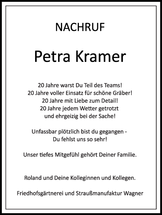 Traueranzeige von Petra Kramer von Die Glocke