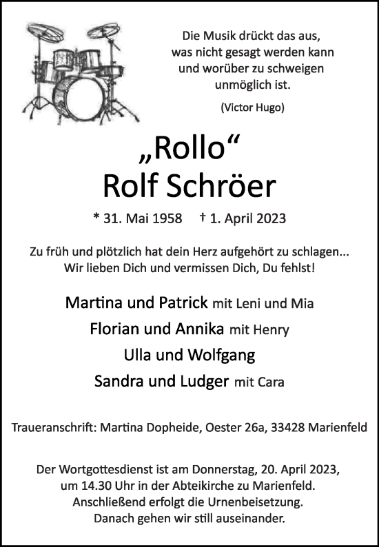 Traueranzeige von Rolf Schröer von Die Glocke