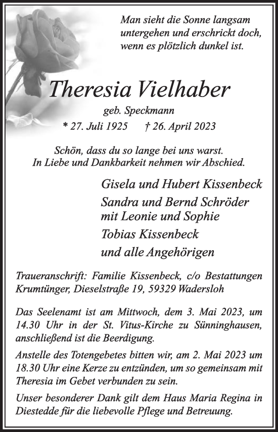 Traueranzeige von Theresia Vielhaber von Die Glocke