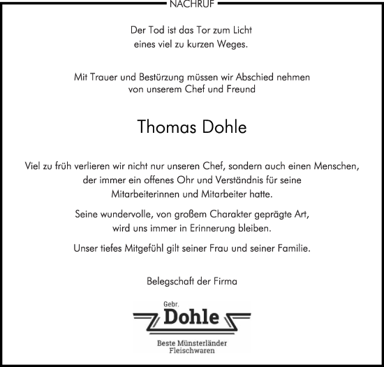 Traueranzeige von Thomas Dohle von Die Glocke