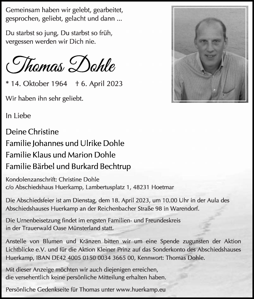  Traueranzeige für Thomas Dohle vom 15.04.2023 aus Die Glocke