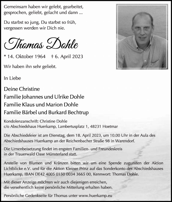 Traueranzeige von Thomas Dohle von Die Glocke