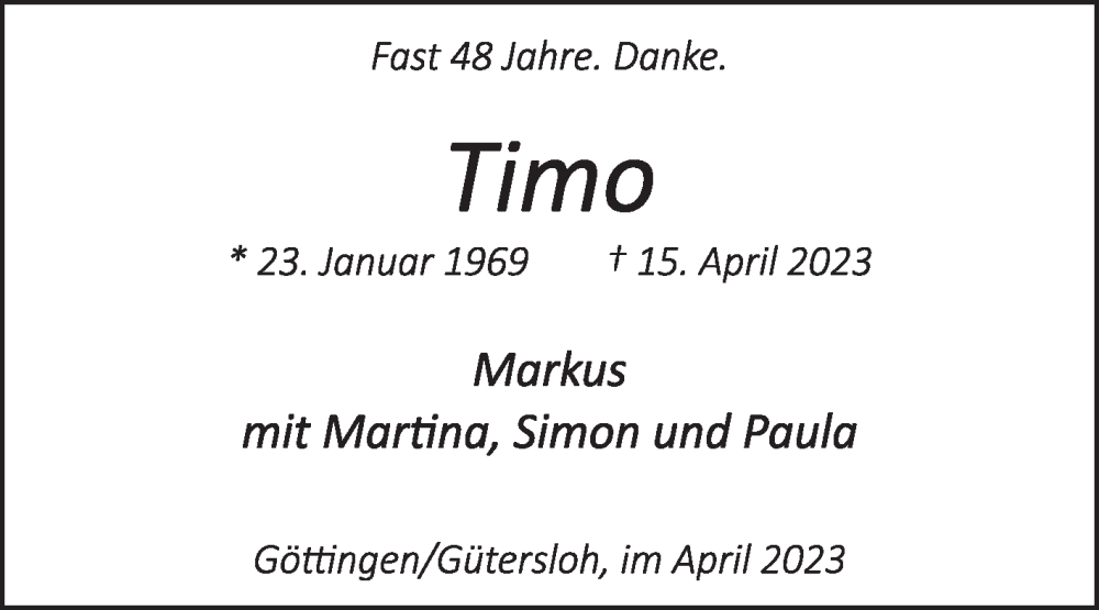  Traueranzeige für Timo Aspelmeier vom 22.04.2023 aus Die Glocke