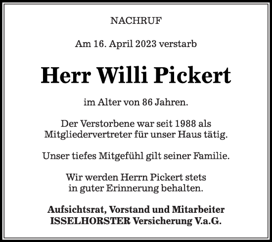 Traueranzeige von Willi Pickert von Die Glocke