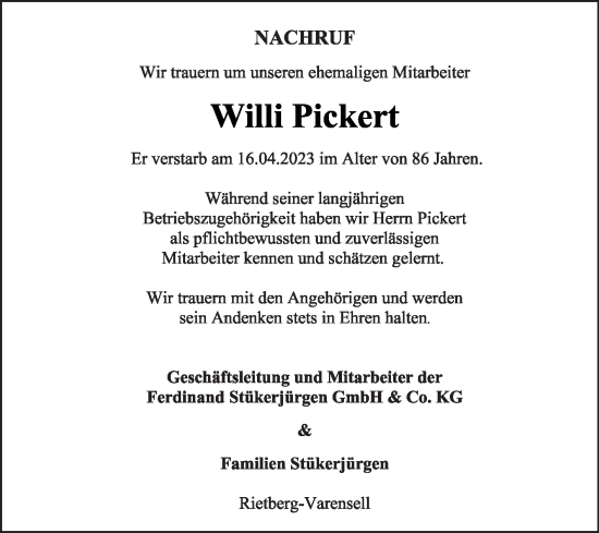 Traueranzeige von Willi Pickert von Die Glocke