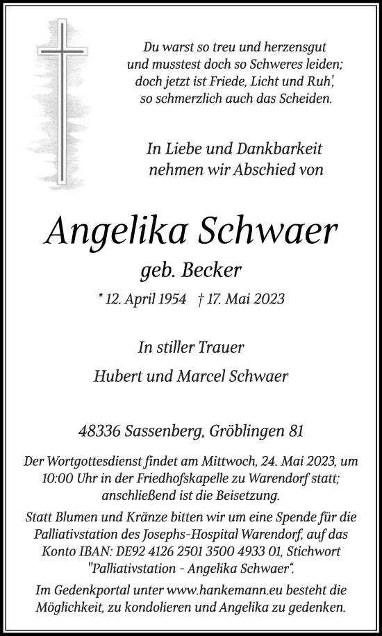 Traueranzeige von Angelika Schwaer von Die Glocke