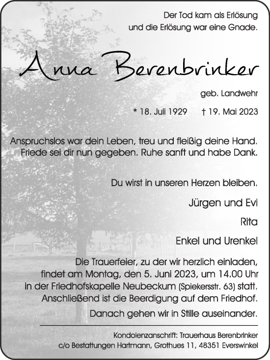 Traueranzeige von Anna Berenbrinker von Die Glocke