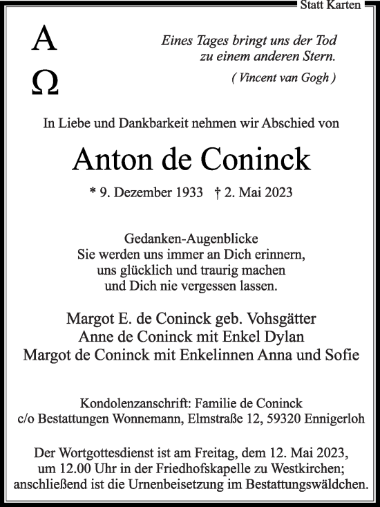 Traueranzeige von Anton de Coninck von Die Glocke