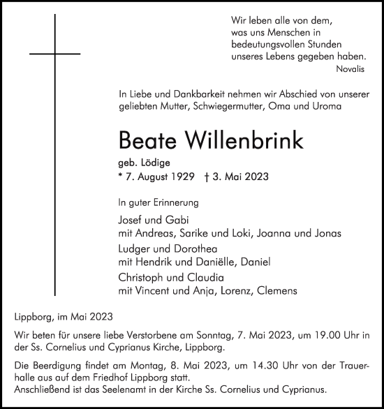 Traueranzeige von Beate Willenbrink von Die Glocke